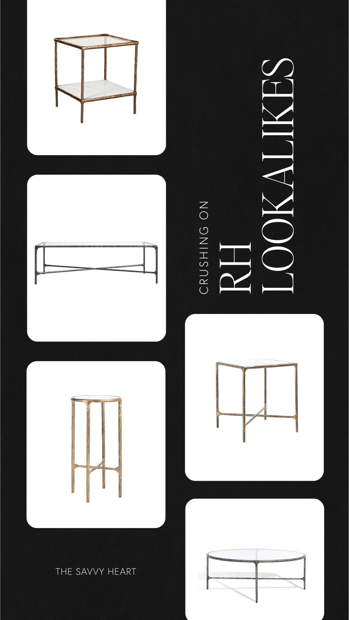 Restoration hardware Dupes: coffee, table, side table, accent table, console table with black or brass textured metal, and either a glass or marble top.

#LTKhome