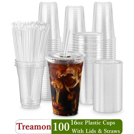 Treamon Clear Plastic Cups with Lids and Straws, Disposable Party Iced Coffee Cups, 16 oz, 100 Count | Walmart (US)