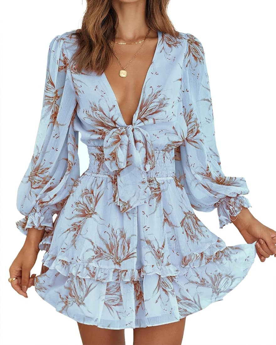 SySea Women's Summer Mini Dress Tie Front V Neck Long Sleeve Ruffle Swing A-Line Dress for Weddin... | Amazon (US)
