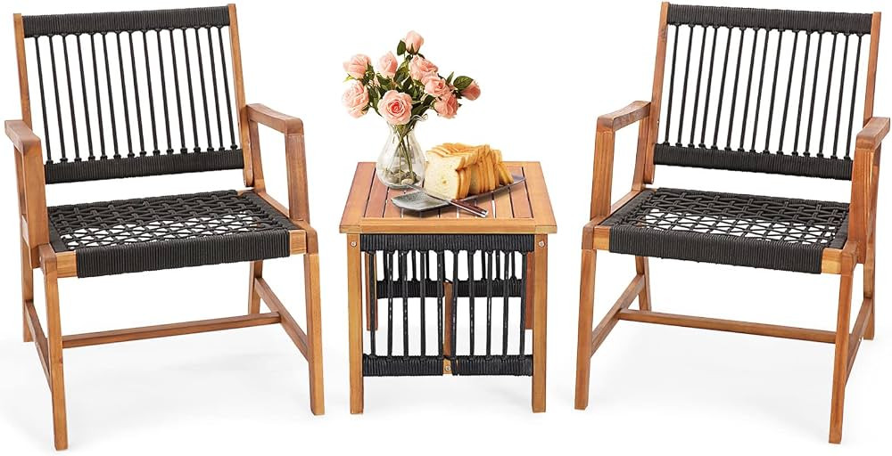 Tangkula 3 Pieces Acacia Wood Outdoor Furniture Set, All-Weather Rope Woven Bistro Set with Armch... | Amazon (US)