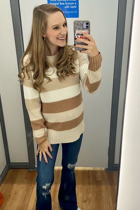 Thanksgiving outfit idea at Walmart! Time and Tru striped sweater paired with no boundaries flare jeans! Bump friendly! Size XS in sweater and size 1 in jeans!! 

#LTKSeasonal #LTKHoliday