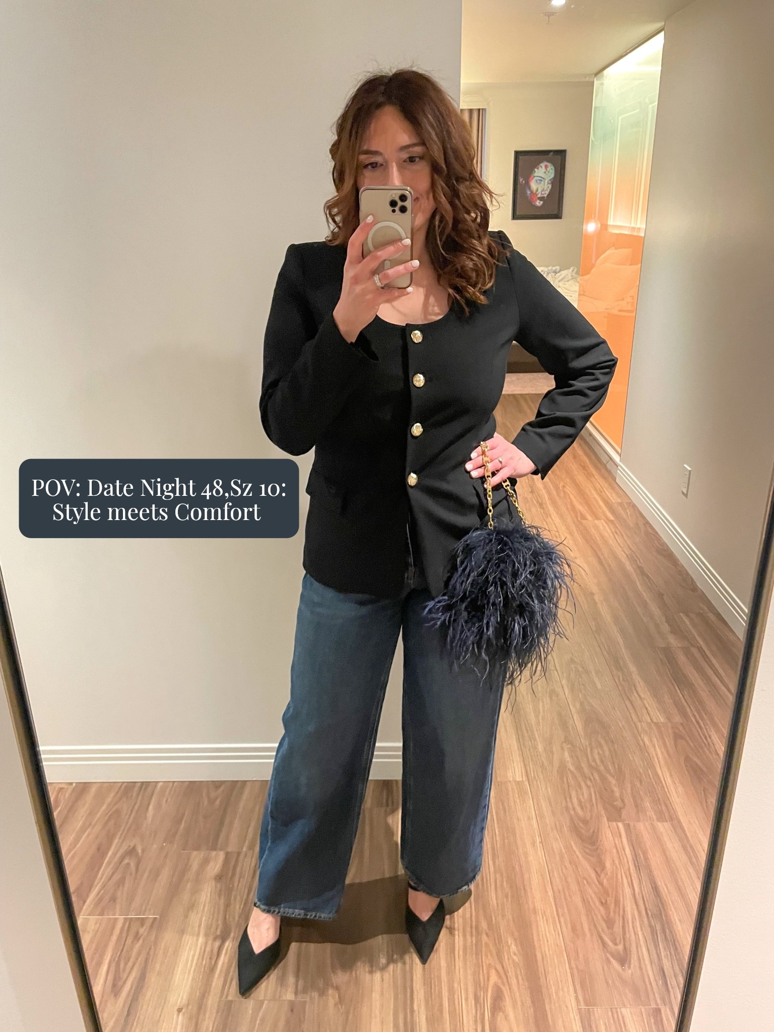 Timeless confidence boosting outfit formula: jeans, blazer, great accessories 

Wearing a 10 regular length in the jeans from Old Navy. Perfect wide leg at a great price that I’ve worn on repeat for a couple years now. 