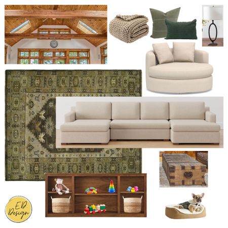 Vacation home, green rug, living room, family room, toy storage, dog bed, table lamp, chair and a half 

#LTKhome #LTKfamily