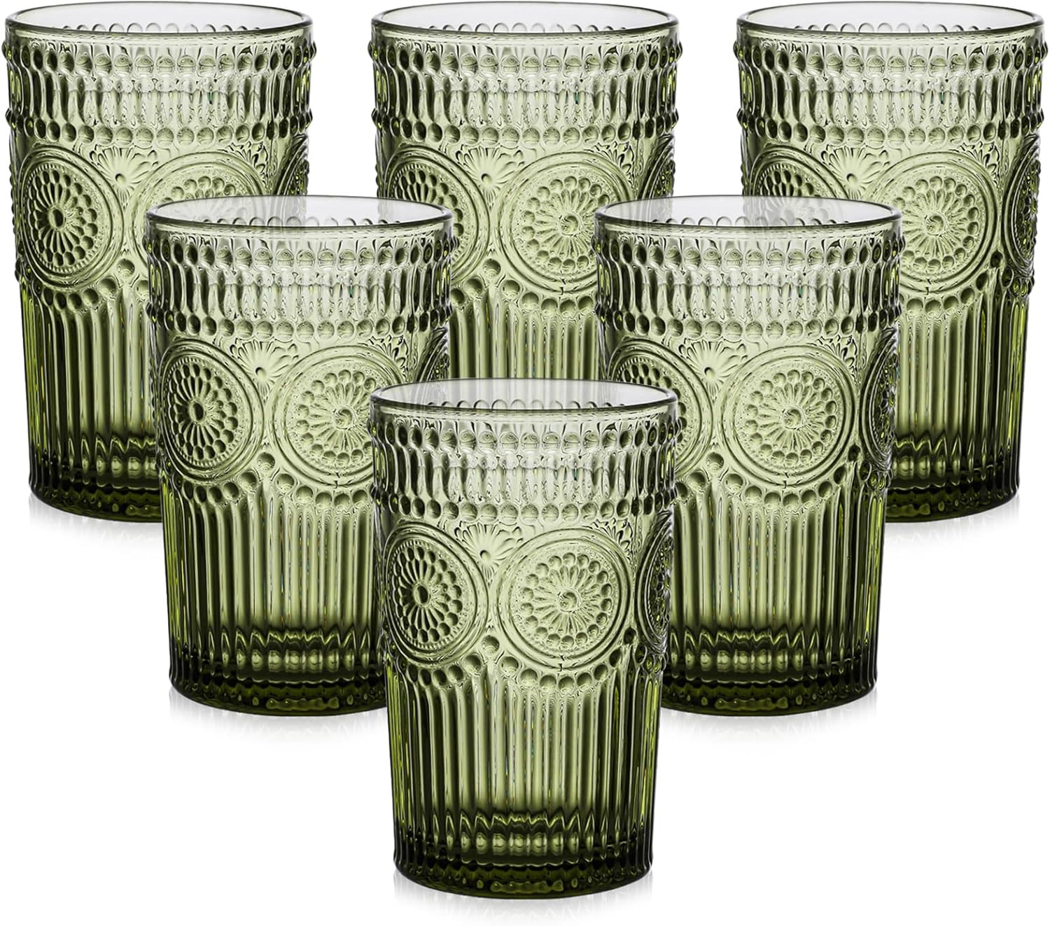 Vintage Glassware Drinking Glasses Set of 6,13 oz Green Textured Flower Design Glass Water Tumble... | Amazon (US)