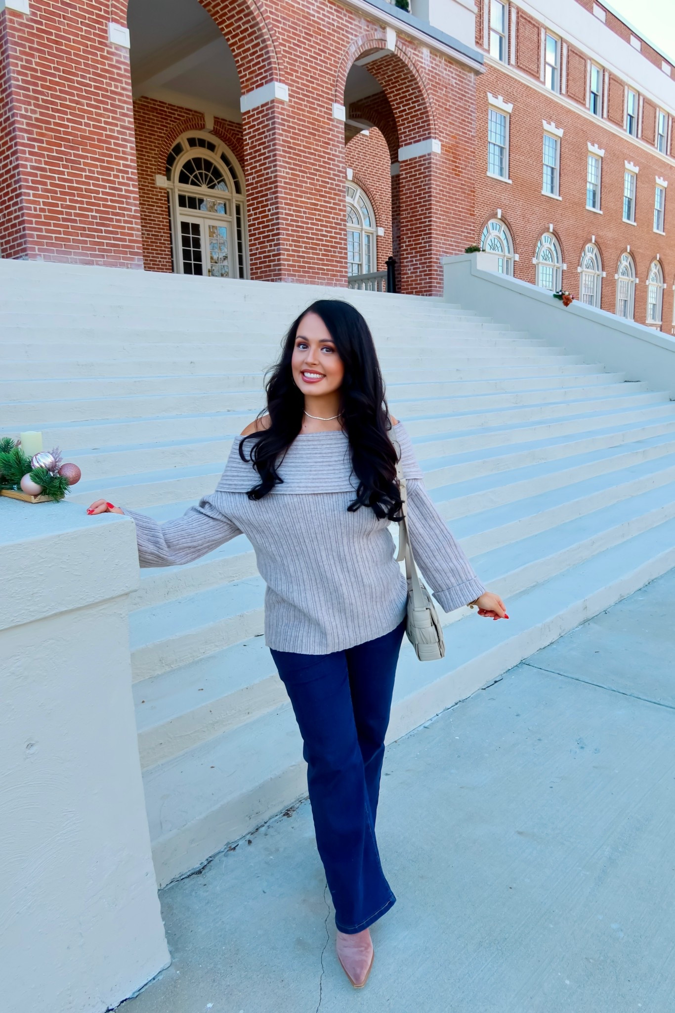 Under $35 Amazon off the shoulder sweater (medium), under $30 Amazon flare leg denim (tts), suede pointed toe booties (tts) #founditonamazon bauble bar tennis bracelet and necklace 

#LTKCyberWeek #LTKGiftGuide #LTKFindsUnder50