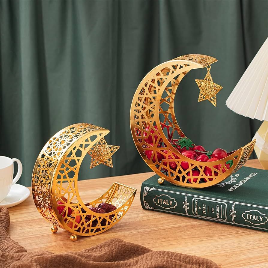 2 Pcs Gold Ramadan Moon Star Dinner Plate Eid Mubarak Serving Tray Muslim Star and Moon Tray Isla... | Amazon (US)