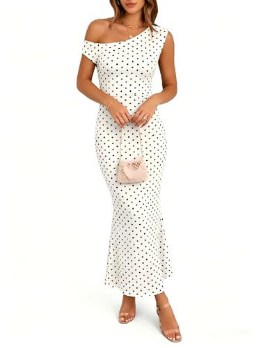 BISUAL Polka Dot Dress for Women Black and White One Shoulder Sleeveless Slim Fit Maxi Dress Beach Vacation Long Sundresses | Amazon (US)