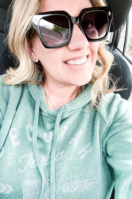 Oversized women’s sunglasses. Green hoodie sweatshirt. 

#LTKmidsize #LTKActive #LTKover40