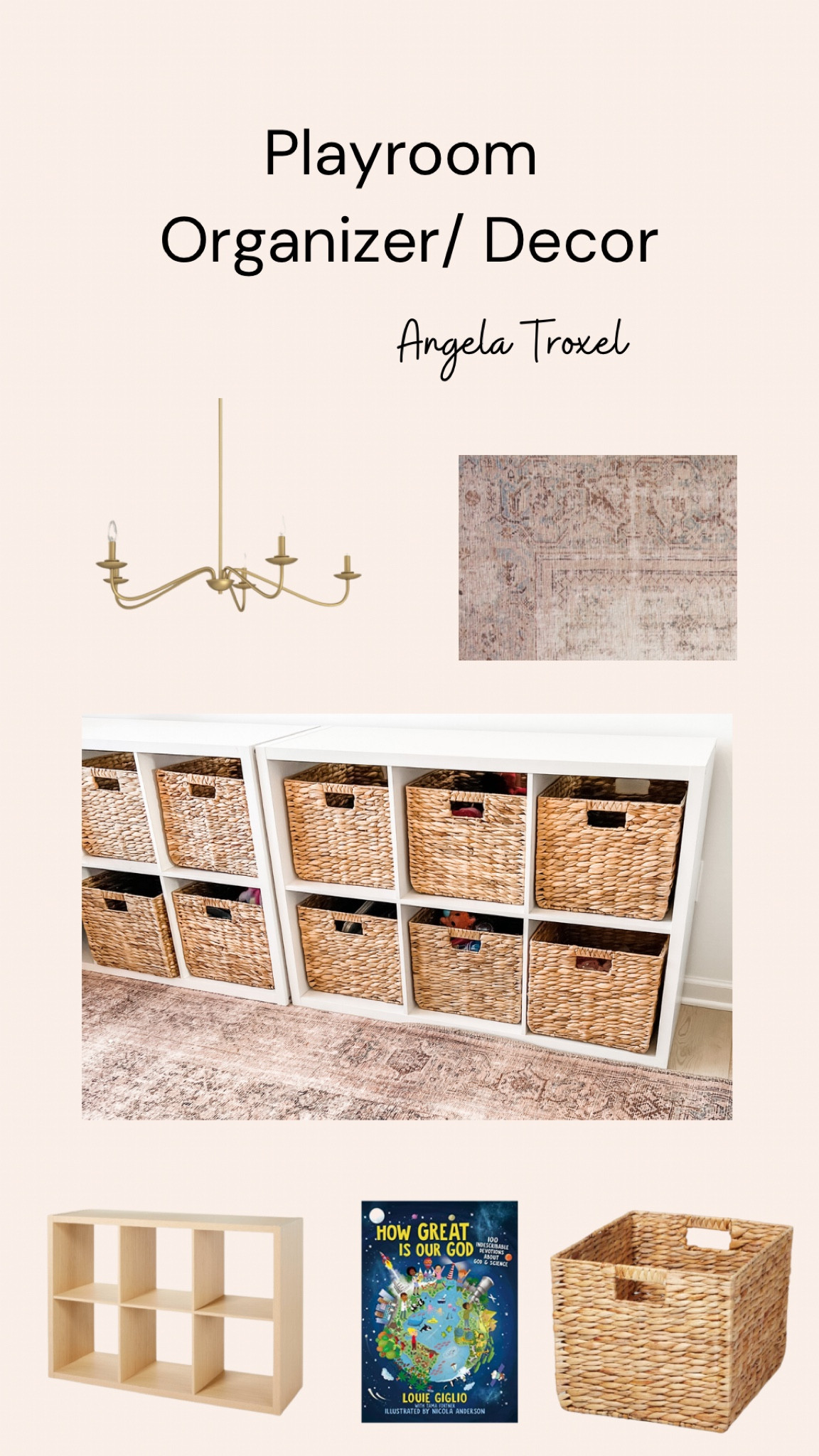 Kids playroom/ organization cubes! Wicker baskets, cube storage, gold chandelier, oriental area rug. 

Amazon Affiliate 

#LTKhome #LTKkids #LTKunder100