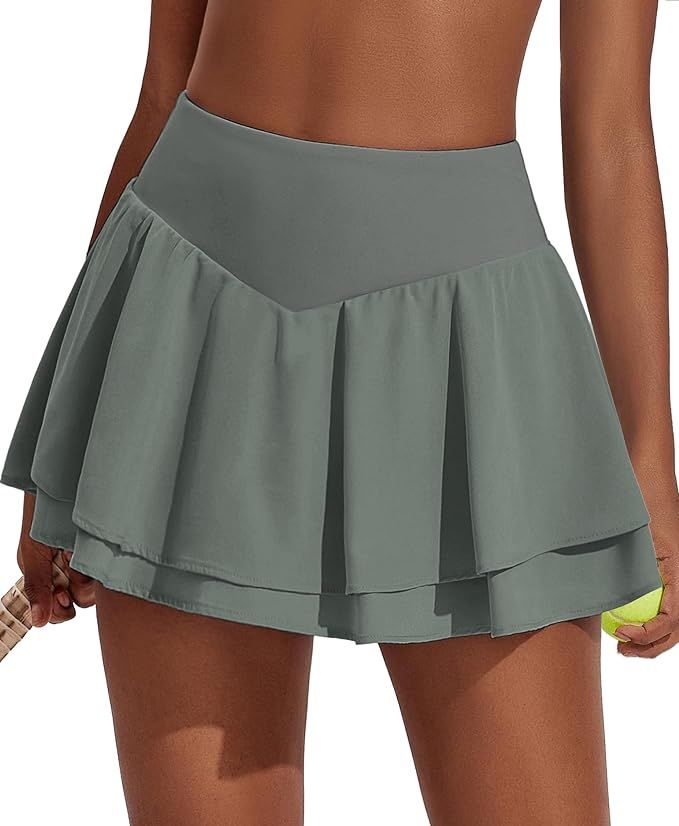 Pinspark womens High Waisted Double Ruffles Flowy Tennis Skirt with Shorts | Amazon (US)