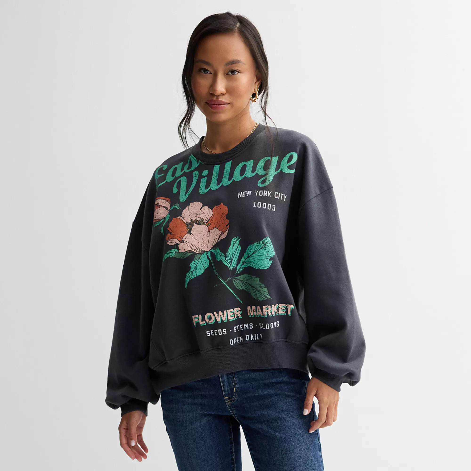 Juniors' Threads of Luxx East Village Flower Market Fleece Crewneck Pullover | Kohl's
