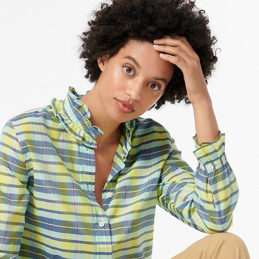 Classic-fit silk-cotton voile ruffleneck shirt in spring plaid | J.Crew US