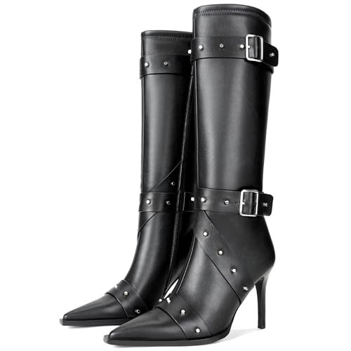 Eusibb Black Knee High Boots for Women - Pointed Toe, Buckle Strap, Studded, Zipper - 3 1/2" Heel - Size 7 - Women's Adults - All Seasons - Modern Punk Style - Faux Leather - Knee-High Boot | Amazon (US)