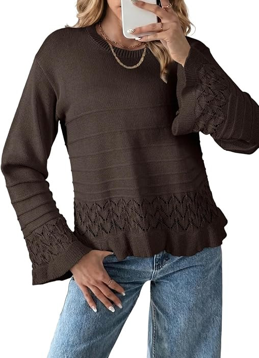 EVALESS Womens Crochet Pullover Sweaters Ruffled Hem Tops | Amazon (US)