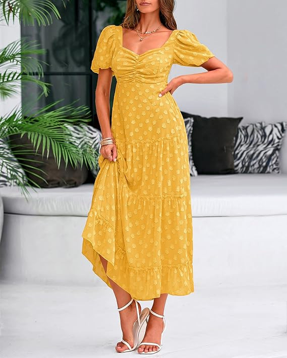 BTFBM Women's Summer Floral Dresses 2024 Casual Short Sleeve Square Neck Ruffle Long Beach Dress ... | Amazon (US)