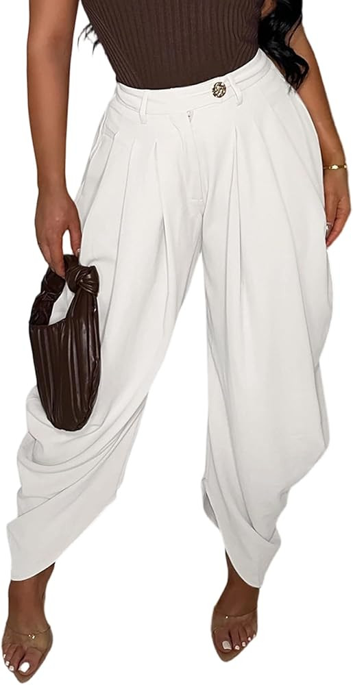 LETSVDO Women's Barrel Dress Pants High Waisted Wide Leg Pleated Palazzo Slacks Baggy Balloon Bub... | Amazon (US)