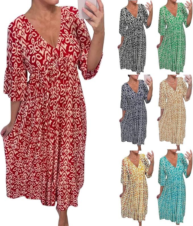 Women Casual Loose Bohemian Floral Dress Summer Boho Swing Dress V Neck Short Sleeve High Waist L... | Amazon (US)