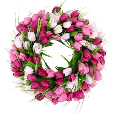 20 Inch Tulip Wreath for Front Door, Spring Summer Silk Wreath with Green Leaves Artificial Tulip Flower Wreaths for All Seasons Window Wall Wedding V | Wayfair North America