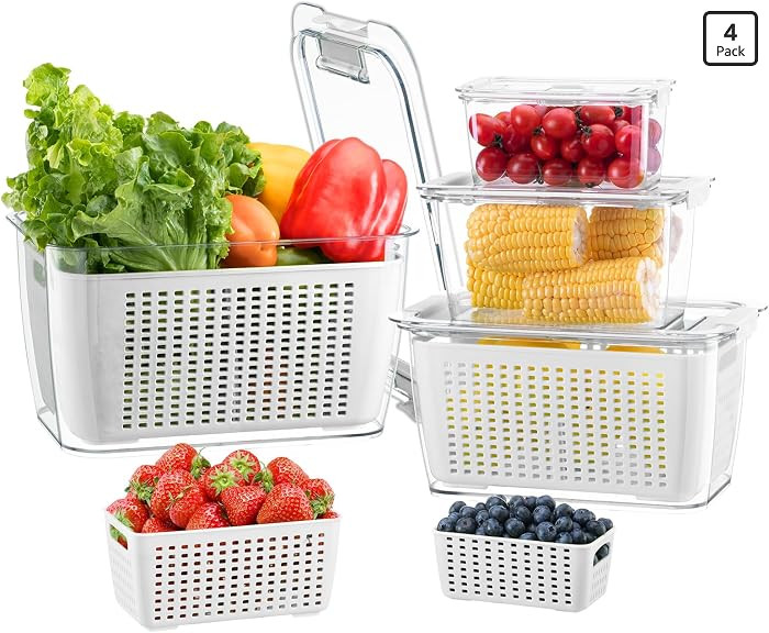 LUXEAR 4 Pack Fruit Vegetable Containers for Fridge, Produce Saver Container with Lids &Removable... | Amazon (US)