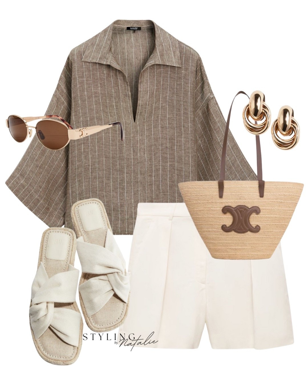 Pinstripe linen blouse, tailored shorts, Celine raffia tote bag, espadrille sandals, gold hoop earrings, Celine sunglasses. Neutral style, summer outfit, Massimo Dutti

#LTKuk #LTKworkwear #LTKeurope