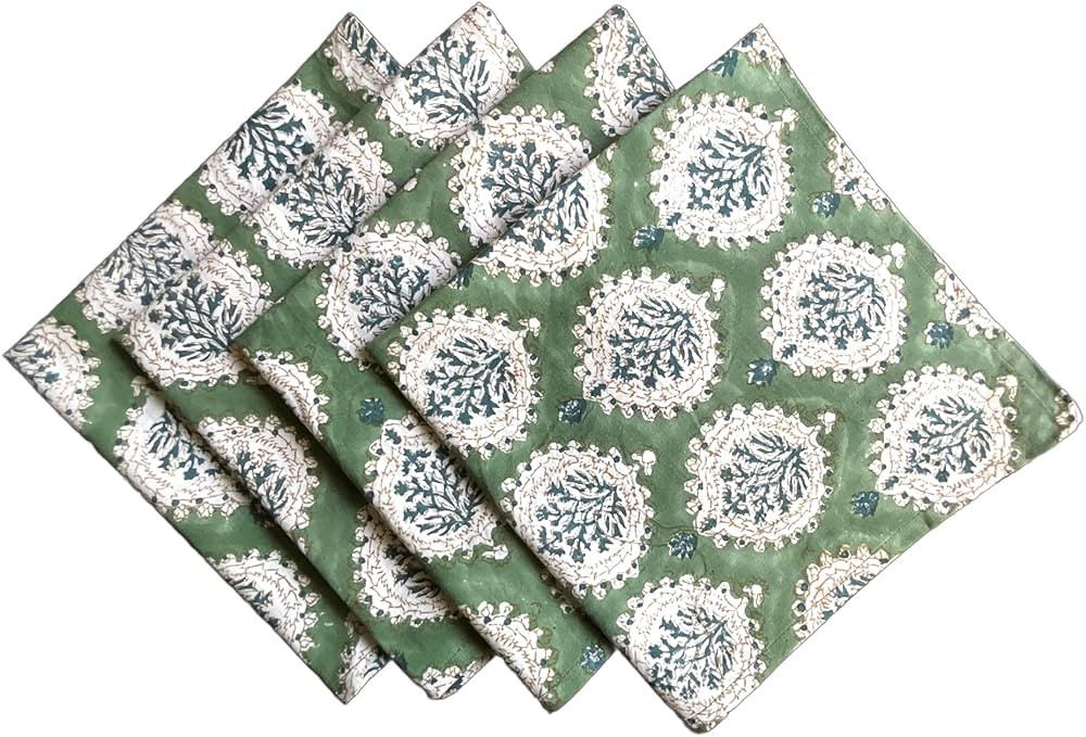 ATOSII Kari Green 100% Cotton Fall Cloth Dinner Napkins, 20 X 20 Inches, Floral Handblock Print, ... | Amazon (US)