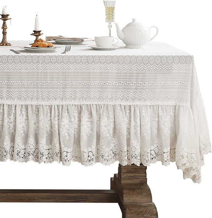 Vintage White Lace Tablecloth,Design Embroidered Cotton Ruffle Table Cloth for Rectangle Table,El... | Amazon (US)
