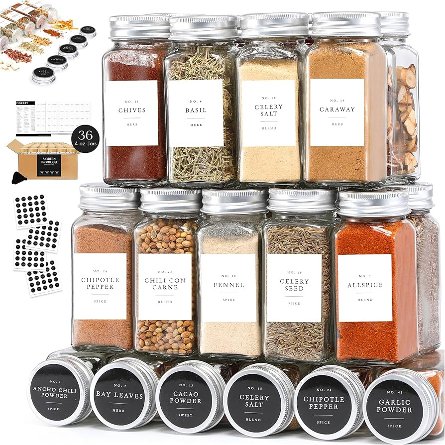 FINESSY 36 Pack Glass Spice Jars with Label Farmhouse Seasoning Containers Organizer, Spice Jars ... | Amazon (US)