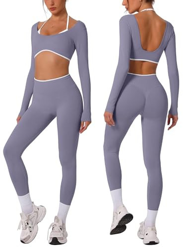 ABOCIW Workout Sets for Women Seamless Color Block Backless Long Sleeve Crop Top Scrunch Butt Lifting High Waist Leggings 2 Piece Gym Yoga Outfits Ice Gray Large | Amazon (US)