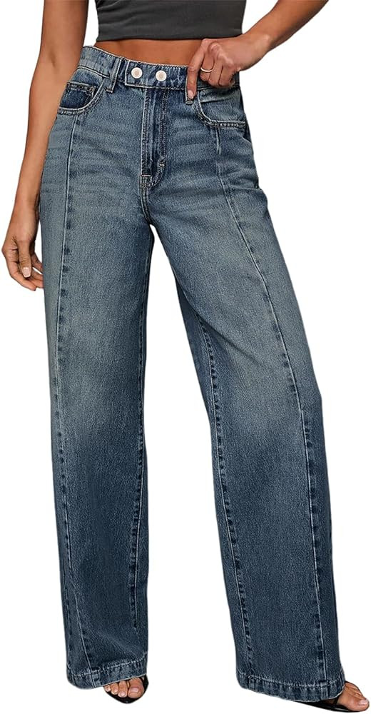 Sidefeel Women's Wide Leg Jeans High Waisted Stretchy Baggy Front Seam Denim Pants | Amazon (US)