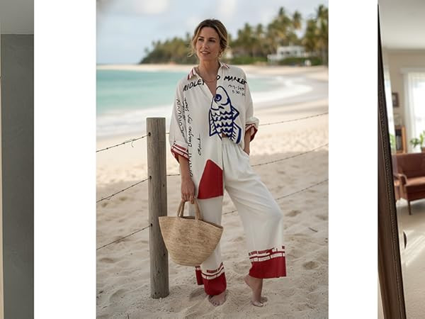 Akivide Womens Beach Vacation 2 Piece Outfits Long Sleeve Button Down Shirts and Matching Drawstr... | Amazon (US)