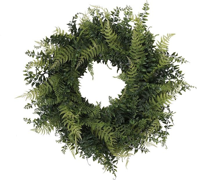 Vickerman Everyday 24" Artificial Green Buckler Fern and Grass Wreath - Faux Indoor Greenery Wrea... | Amazon (US)