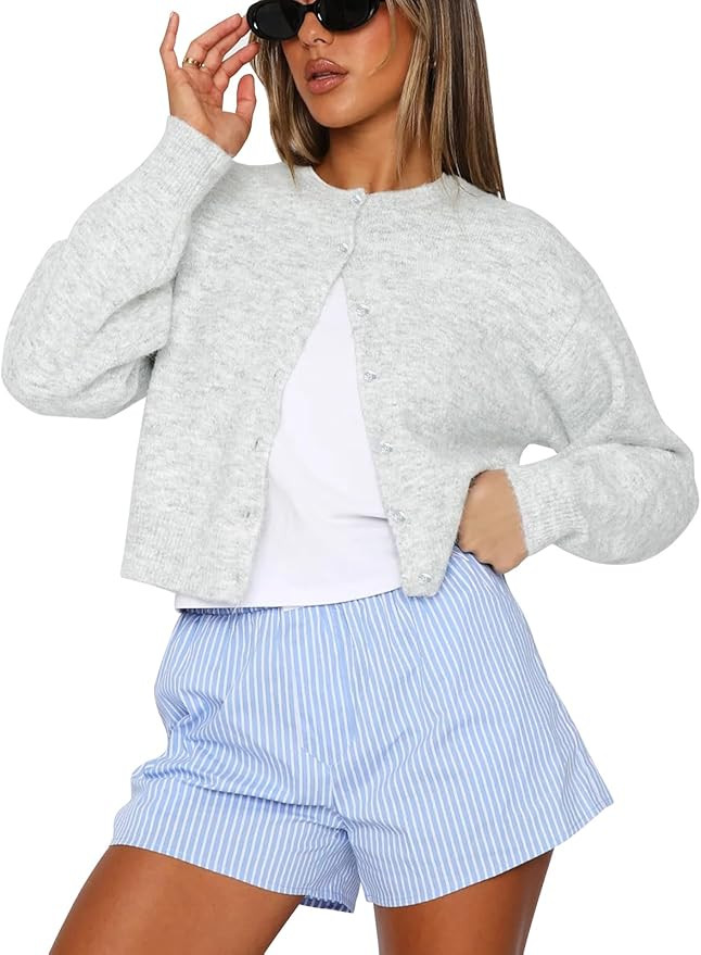 Balimtoy Women's Cropped Cardigan Sweaters Long Sleeve Button Down Sweaters Knit Cardigan Cute Y2... | Amazon (US)