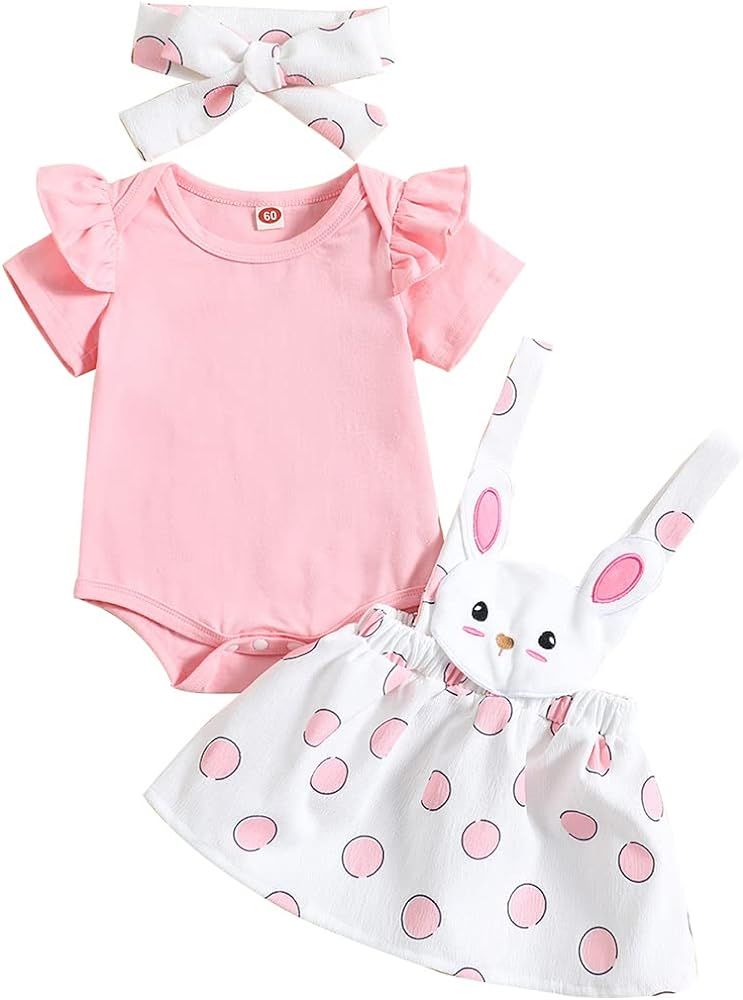 Newborn Baby Girl Easter Outfit Solid Long Sleeve Romper Top 3D Bunny Suspender Skirt Rabbit Dres... | Amazon (US)