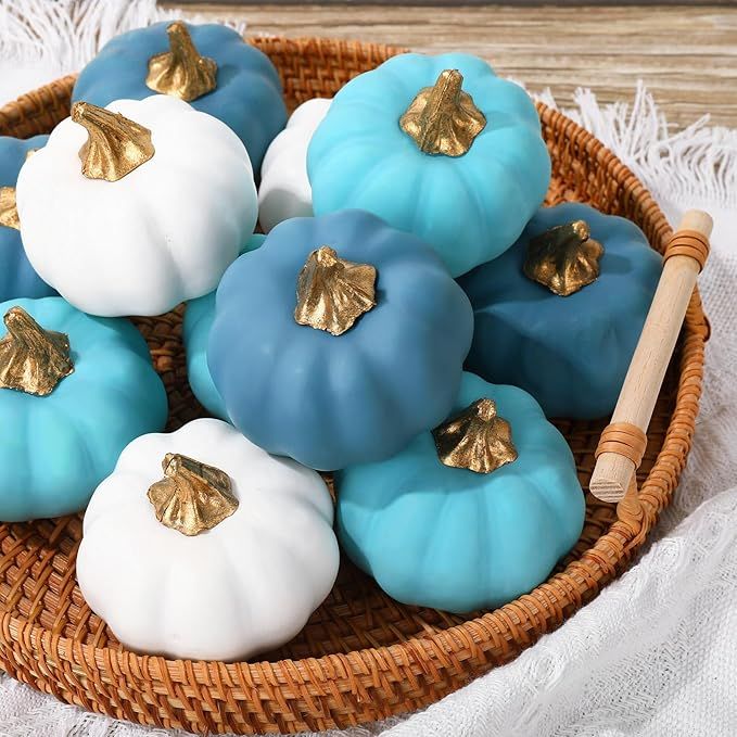 AnyDesign 12Pcs Artificial Pumpkins Mini Blue White Fake Foam Pumpkins Blue White Faux Harvest Pu... | Amazon (US)