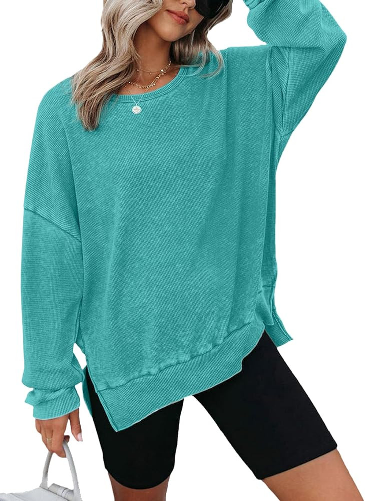 Dokotoo Womens Oversized Waffle Knit Crewneck Sweatshirts Long Sleeve Side Slits Casual Pullover ... | Amazon (US)