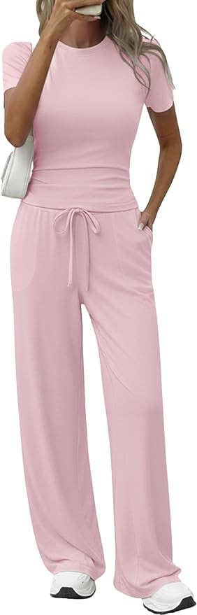 Women's 2 Piece Set Soft Lounge Sets Short Sleeve Slim Tops and High Waisted Wide Leg Pants Outfi... | Amazon (US)