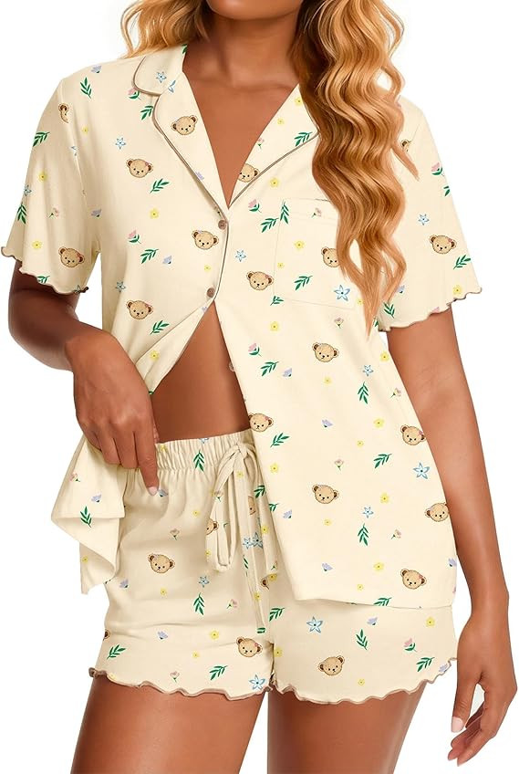 Ekouaer Viscose from Bamboo Women Pajama Sets Button Up Cooling Pjs Short Sleeve Ruffle Sleepwear... | Amazon (US)