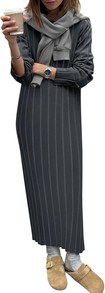 Yousify Womens 2024 Trendy Fall Long Sleeve Sweater Dresses Casual Round Neck Split Hem Bodycon S... | Amazon (US)