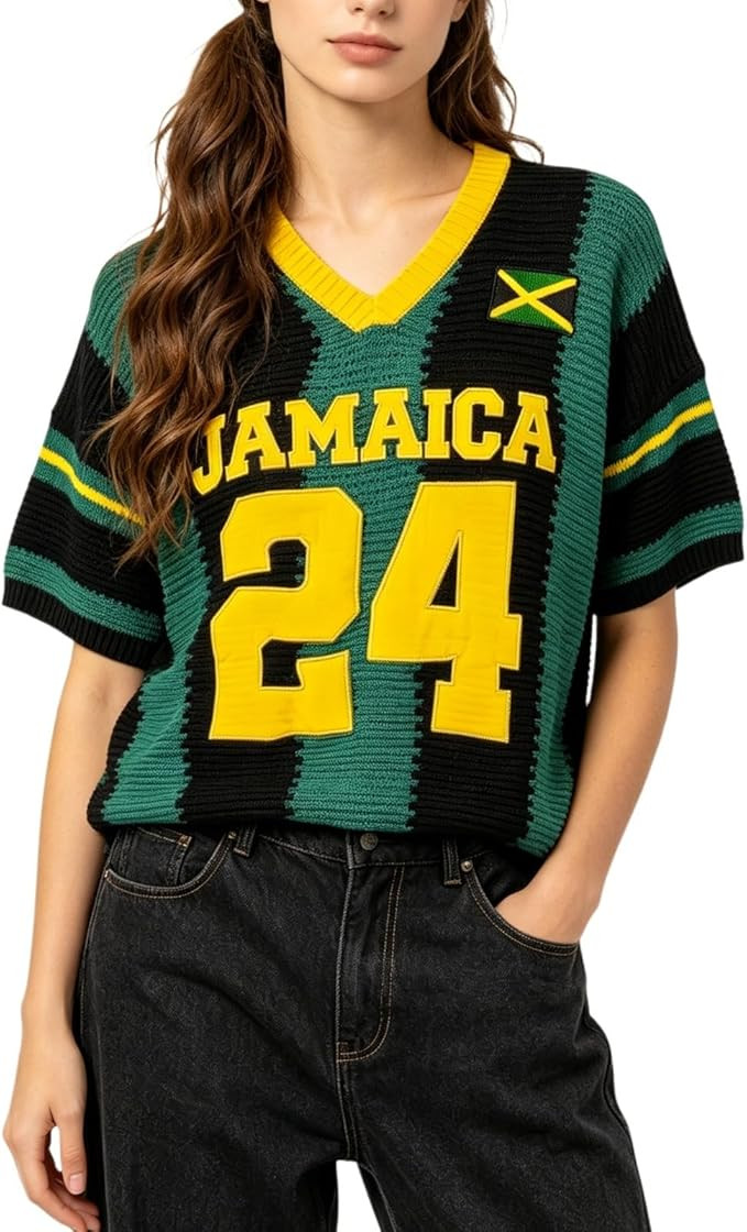 Women's Jersey Shirts Oversized Crochet Graphic Going Out Tops V Neck Short Sleeve Pullovers | Amazon (US)