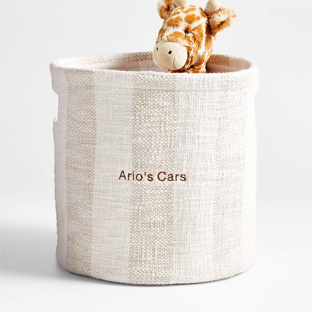 Cove Stone Tan Organic Cotton Striped Shelf Storage Bin + Reviews | Crate & Kids | Crate & Barrel