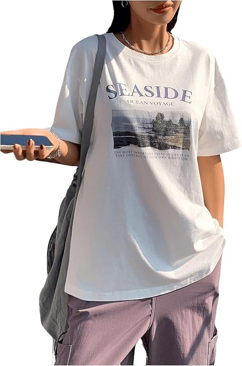 GORGLITTER Women's Letter Print Drop Shoulder Tee Top Round Neck Knitted Casual Tee Shirt | Amazon (US)