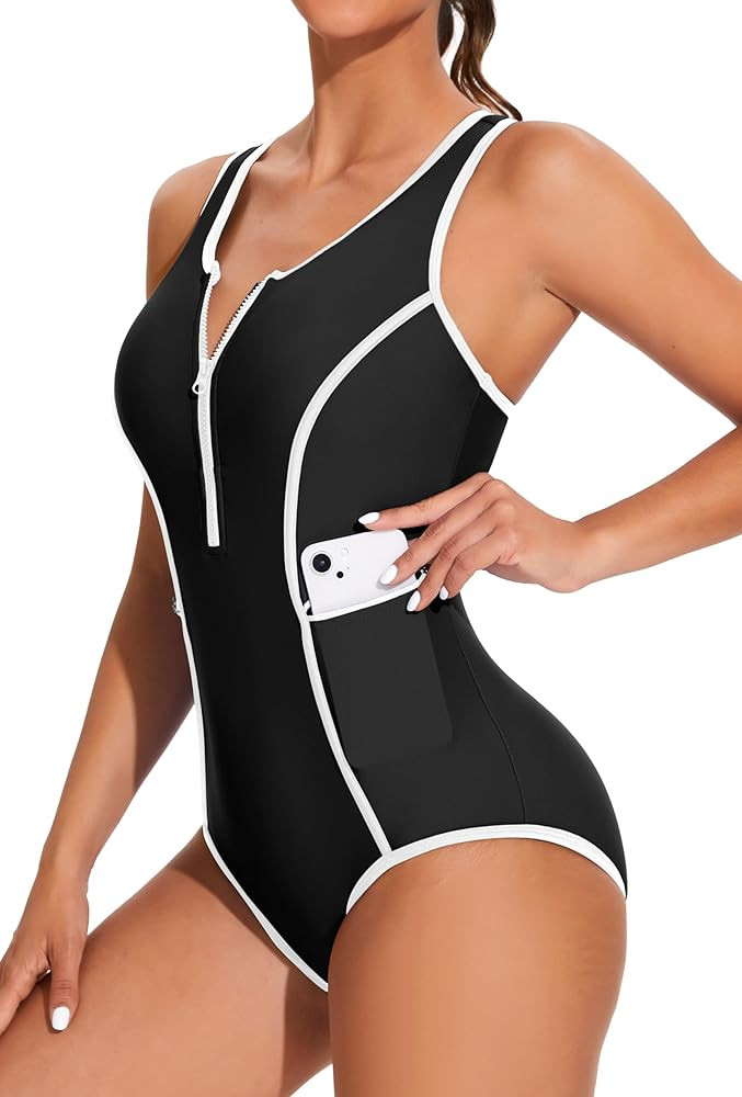beautyin Women Zipper One Piece Swimsuit Athletic Racerback Bathing Suit with Pockets | Amazon (US)