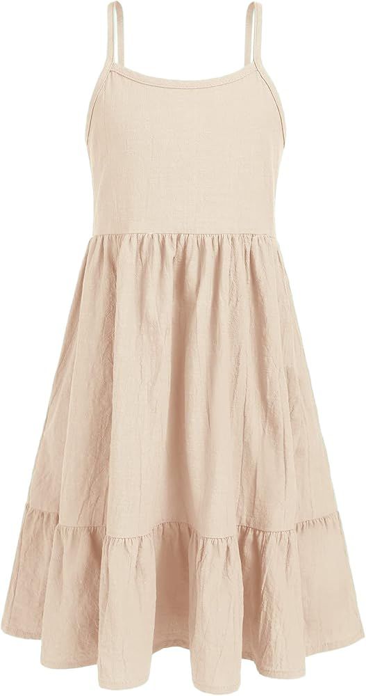 Arshiner Girl's Summer Sundress Spaghetti Strap Solid Linen Midi Dress Casual Cami Dresses | Amazon (US)