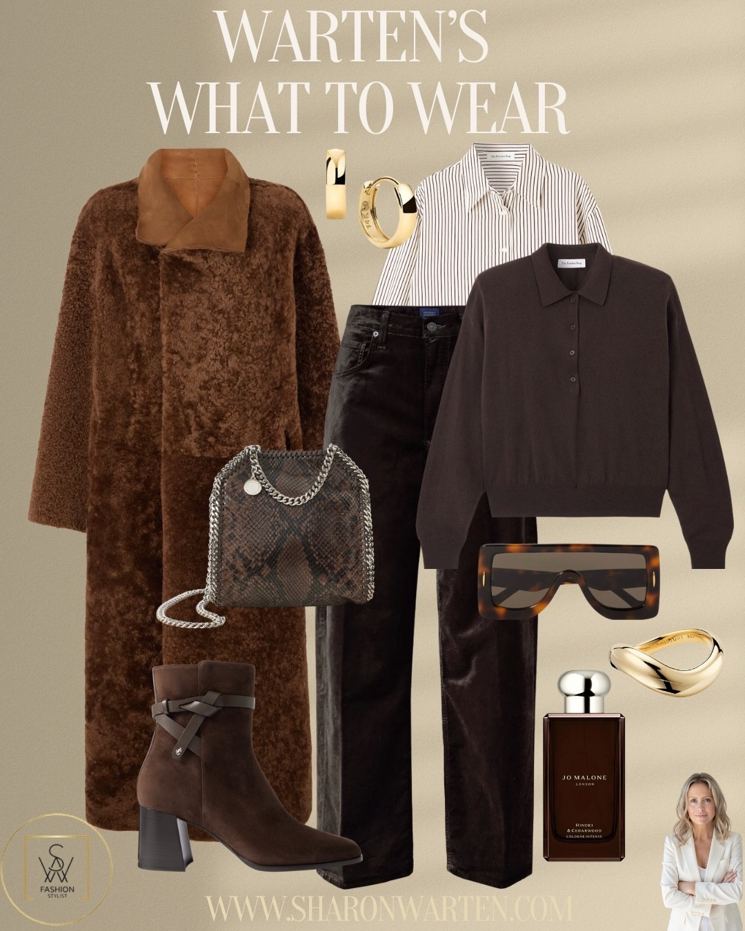 Double your style, double your impact! This outfit features a versatile shearling coat reversible for two stunning looks, plush or velvety. Layer up with a  brown knit polo, perfect solo or over a shirt with that sharp collar pop, paired with rich brown velvet pants. Complete your look with a chic snake-effect bag, adorable booties with leather trim, and a signature scent that leaves a lasting impression. Shop now and transform your wardrobe effortlessly!

#effortlessstyle #chicoutfits #fashionhacks #autumnfashion #wardroberefresh #styleinspo
#holidayfashion #festivewear #partyoutfit #chiclooks #winterfashion #fashiontips 

#LTKCyberWeek #LTKootd #LTKTall