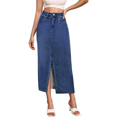 LEVEN SIXTEEN Women's Long Denim Skirt - Stretch Office & Casual Wear Jean Skirt Medium Blue Medium Blue Medium Blue 8 | Target