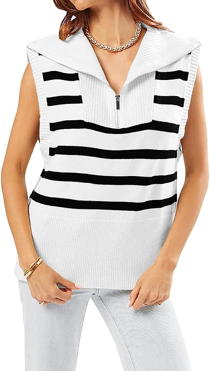 Womens Striped Zipper Sweater Vest Tank Tops Lapel Summer Sleeveless Pullover Casual Lightweight ... | Amazon (US)