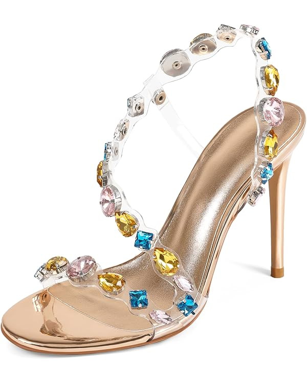 Rhinestone Wrap-Around High Heels for Women, Sparkly Embellished Crystal Clear Strappy Sandals, 4... | Amazon (US)