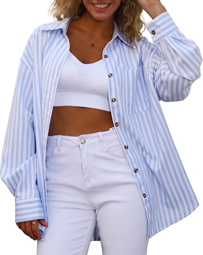 CHYRII Womens Striped Button Down Shirt Casual Long Sleeve Blouse Top | Amazon (US)