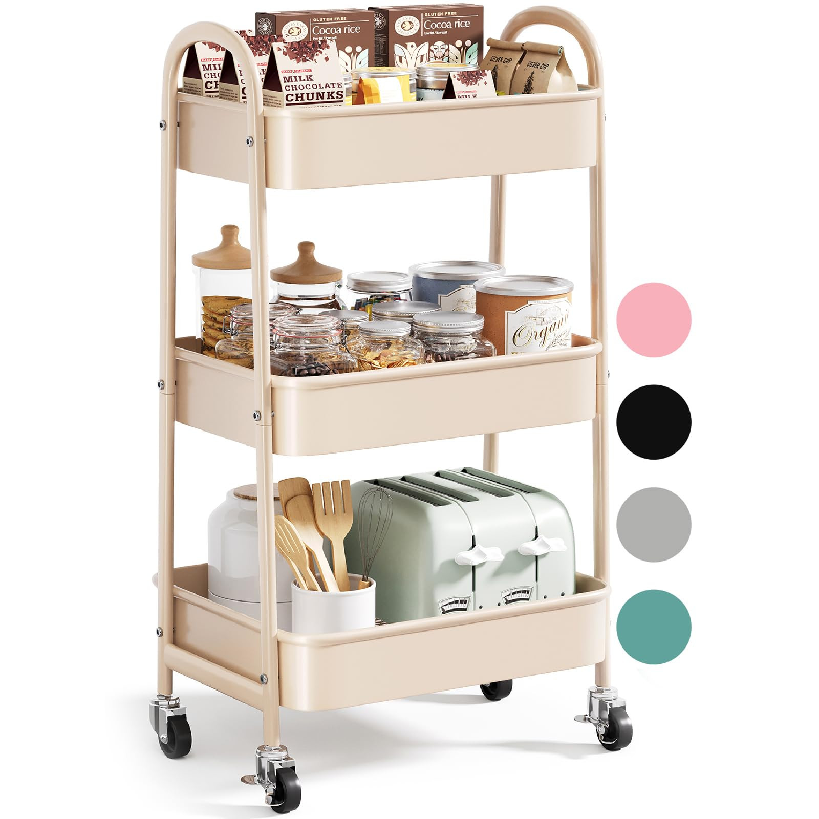 Khaki 3 Tier Rolling Cart Metal on Wheels, Three Tiered Storage Organizer Utility Trolley with Wh... | Amazon (US)