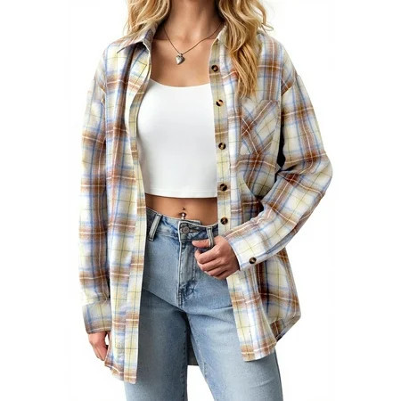 Fantaslook Plaid Shirts for Women Button Down Flannel Shirts Casual Loose Long Sleeve Blouses Tops | Walmart (US)